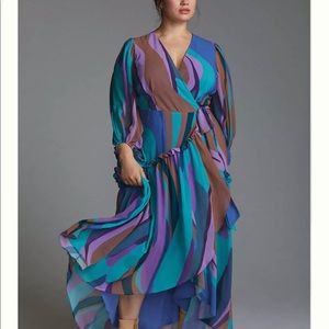 Anthropologie Hutch Geo Wrap Dress Plus Size 1X purple and green marbled print